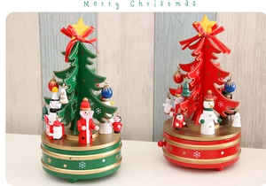 Close-up of wooden rotating Christmas tree music box with festive painted characters