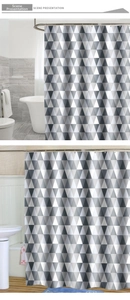Detail of waterproof polyester shower curtain with grey and white triangle geometric patterns