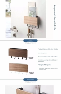 Detail view of wooden key organizer with 5 hooks and storage slot for entryway