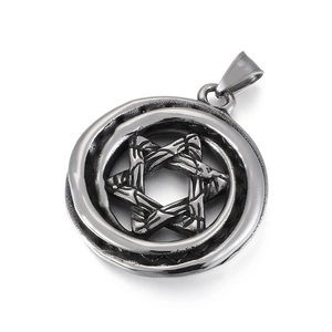 Vintage silver hexagram star pendant necklace in punk stainless steel with rustic texture