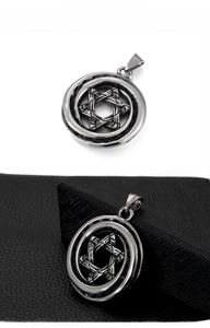 Macro view showing vintage hexagram pendant in titanium steel with aged black finish