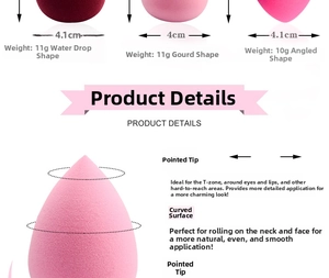 Detailed view of teardrop and gourd makeup sponges with size and weight specifications