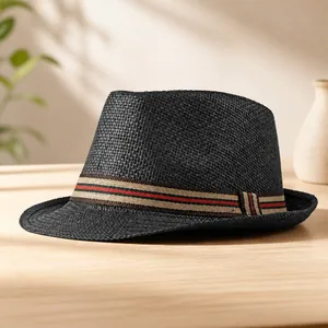 British style charcoal straw fedora hat with classic red and green striped ribbon band