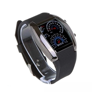 Close-up of LED dashboard sports watch featuring silver alloy case and black rubber strap