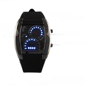 Detailed view of creative LED dashboard watch display with blue and white lights