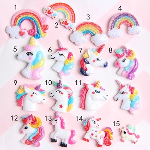 Set of 15 glittery resin unicorn and rainbow charms for DIY hair clips and shoes decoration