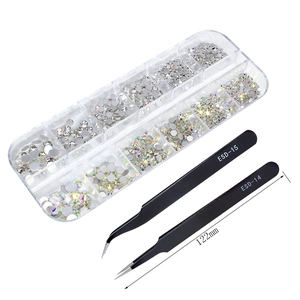 Flatback rhinestones kit in 12-grid box with precision tweezers for nail art and DIY