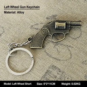 Macro shot of a bronze-colored alloy revolver pistol keychain on a textured background
