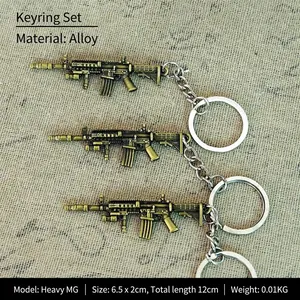 Detail view of heavy machine gun keychain in bronze alloy with size and weight specs