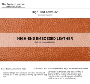 Detailed macro view of orange litchi grain cowhide leather showing scratch-resistant texture