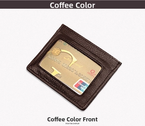 Detail of coffee brown RFID leather card holder with transparent ID window and side slot