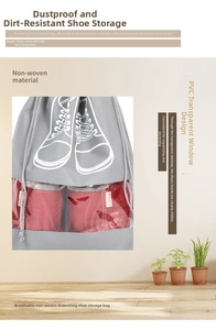 Detail of drawstring shoe storage bag with PVC window and breathable non-woven fabric