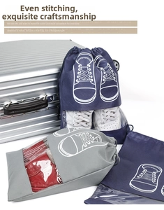 Non-woven drawstring shoe storage bags with clear window and sneaker prints on a suitcase