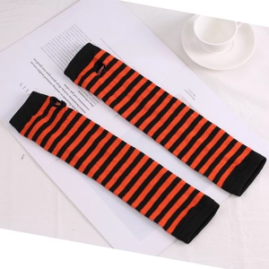 Detail of orange and black striped knit fingerless gloves with thumb holes