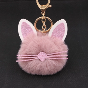 Detail of pink faux fur cat keychain with glittery ears and gold metal clasp