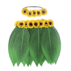 Detailed set of Hawaiian leaf skirt and sunflower headband for bridal hair styling