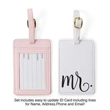 Pink and white PU leather luggage tags set featuring Mr. script and ID info card detail