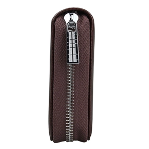 Detail of dark brown lychee grain leather wallet with high-quality silver metal zipper