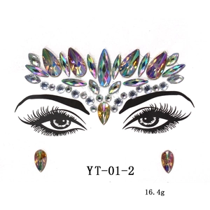 Detailed view of YT-01-2 colorful rhinestone face jewels on a model for art parties