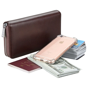Detail of dark brown litchi grain leather wallet with high capacity for cards and phone