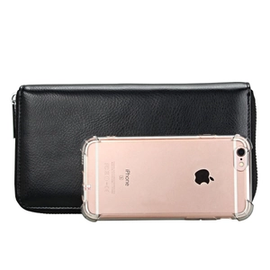 Detailed comparison of black pebbled leather wallet size next to an iPhone