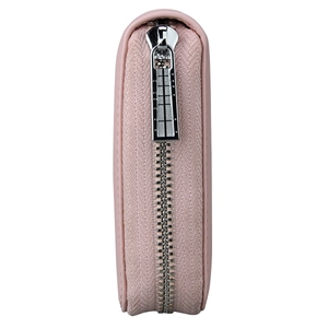 Detailed side view of pink leather passport holder with high-quality silver metal zipper