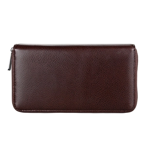 Detailed close-up of dark brown litchi pattern leather wallet with silver metal zipper