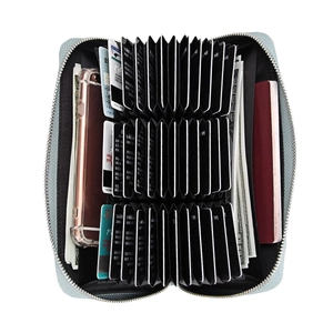 Detailed interior of blue leather accordion wallet showing multiple card slots and phone pocket