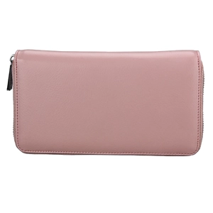 Detailed top view of a pale pink leather zip-around long wallet with silver hardware