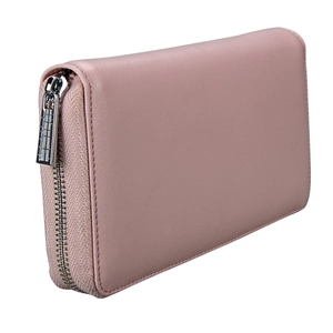 Detail view of dusty pink leather passport wallet with secure silver metal zipper closure