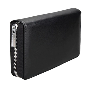 Side view of black leather long zipper wallet with rfid protection and lychee texture