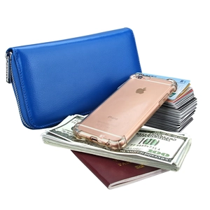 Detailed interior of blue leather RFID wallet showing phone, passport, and card slots