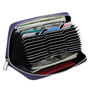 Macro view of purple leather wallet with large capacity accordion style card slots