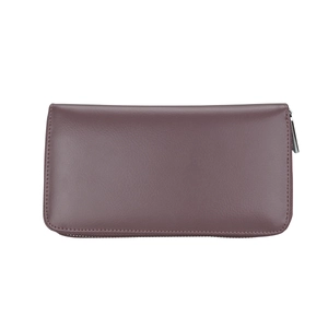 Close-up of the smooth leather texture and silver zipper on this purple accordion wallet