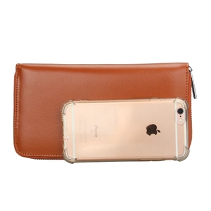 Close-up of brown litchi pattern leather wallet with multiple card slots and metal zipper