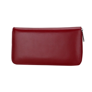 Detail of dark red lychee grain leather texture and stitching on long zip wallet