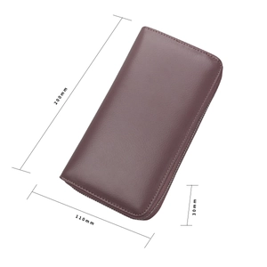 Detailed size chart showing 200mm length and 110mm width for the purple leather wallet