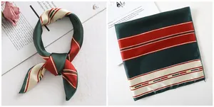 Detail of silk square scarf featuring vintage green and red irregular stripe patterns