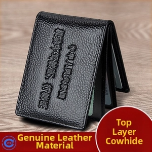 Detail view of black lychee leather RFID wallet with driver license embossing