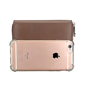 Brown leather RFID travel wallet showing size comparison with a smartphone on white background