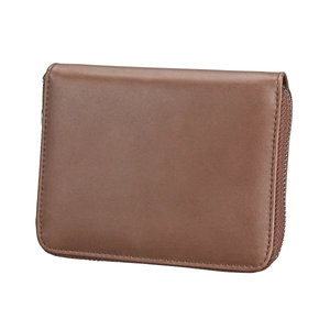 Detail view of the brown leather RFID wallet with zipper closure and smooth matte finish