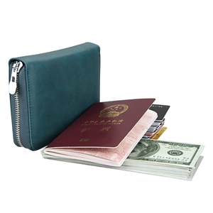 Detailed interior of dark green RFID leather passport wallet with multi-card slots