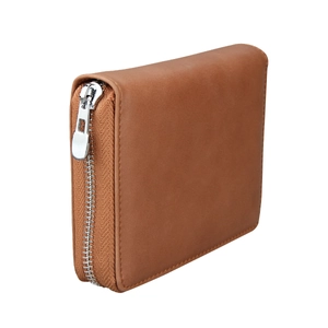 Side view of brown leather RFID card holder wallet with silver metal zipper detail