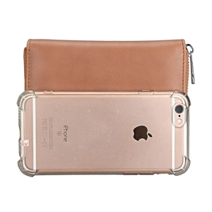 Brown leather long wallet and transparent phone case combo with secure zipper closure