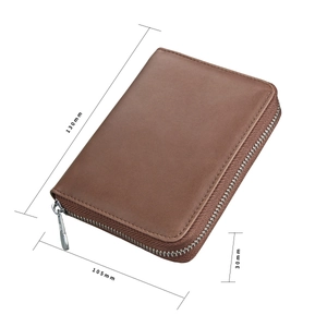 Brown leather RFID wallet dimensions showing 130mm length by 105mm height and 30mm thickness