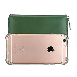 Dark green leather RFID wallet shown next to a smartphone for size reference
