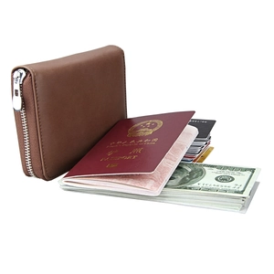 Detail view of large capacity dark brown leather RFID travel passport wallet with card slots