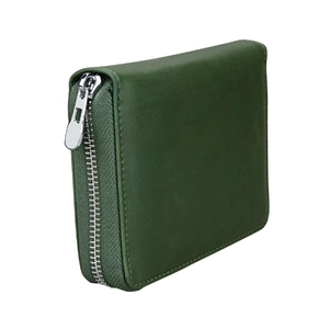 Detailed view of dark green leather RFID wallet with silver zipper and stitching