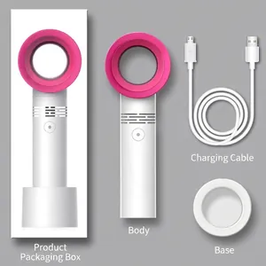 Portable bladeless mini fan set with USB charging cable, base, and packaging