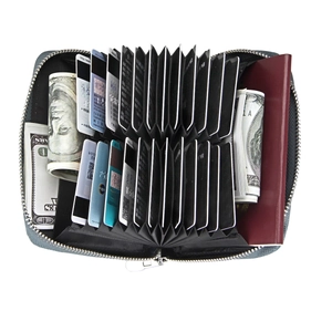 Macro view of RFID accordion leather wallet showing multiple card slots and passport holder